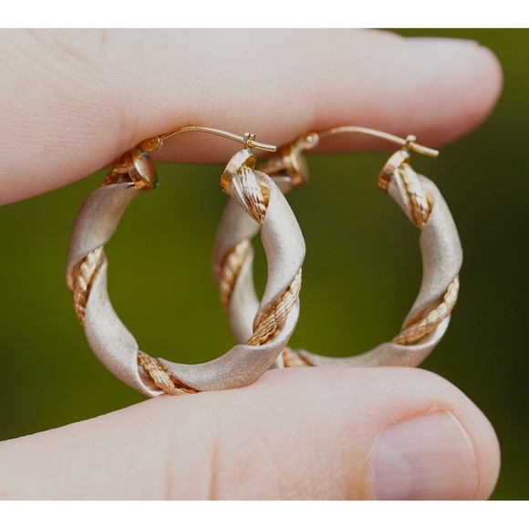 Vintage 14k Solid Yellow Gold Sterling Silver Hoop Earrings - Wire Braid Twist